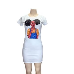 Buzz.  White and Blue Bodycon Mini Dress with Crew Neck